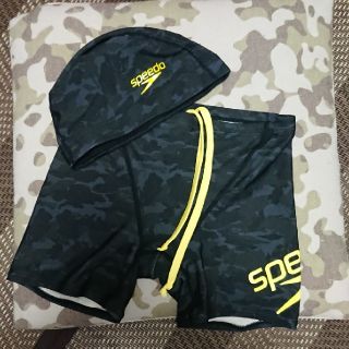 スピード(SPEEDO)のSPEEDO スピード 練習用水着(M)&メッシュキャップ(L) イエロー×カモ(水着)