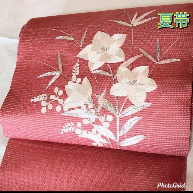 夏帯☆正絹 絽 ピンク 白花刺繍 名古屋帯-