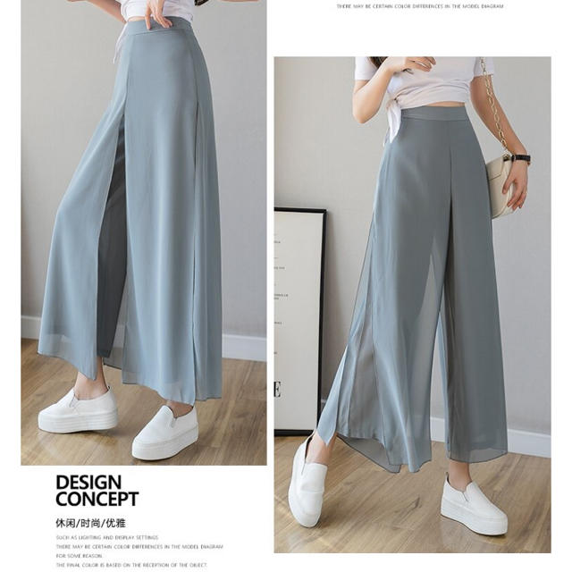 シフォン　ワイドパンツ　ブルー　韓国ファッション レディースのパンツ(カジュアルパンツ)の商品写真