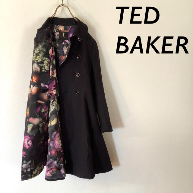 レディース【美品】TED BAKER フレア トレンチコート 裏地 花柄 ブラック