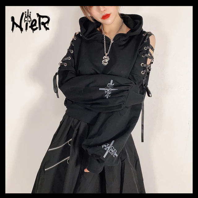 87cm袖レースアップ短丈HOODIE【うさ耳付き】LADIES NieR