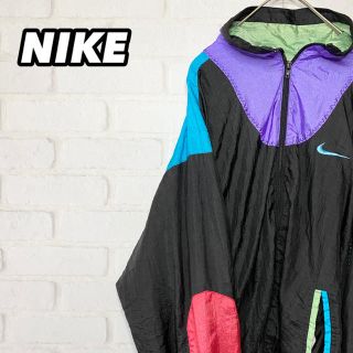 ナイキ(NIKE)の90s NIKE ナイキ ナイロンジャケット 銀タグ 配色カラー 古着女子 黒(ナイロンジャケット)