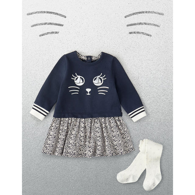 PETIT BATEAU(プチバトー)の新品 プチバトー  切替 ワンピース 24m  新作  ネコ キッズ/ベビー/マタニティのキッズ服女の子用(90cm~)(ワンピース)の商品写真