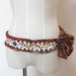 ネパール シルク 刺繍 ミラー エスニック フリンジ ベルト (ベルト)