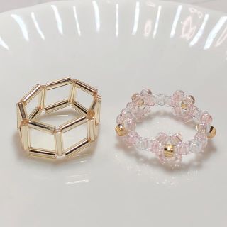 ゴールド　ピンク　ビーズリング　비즈반지　ハンドメイド(リング)