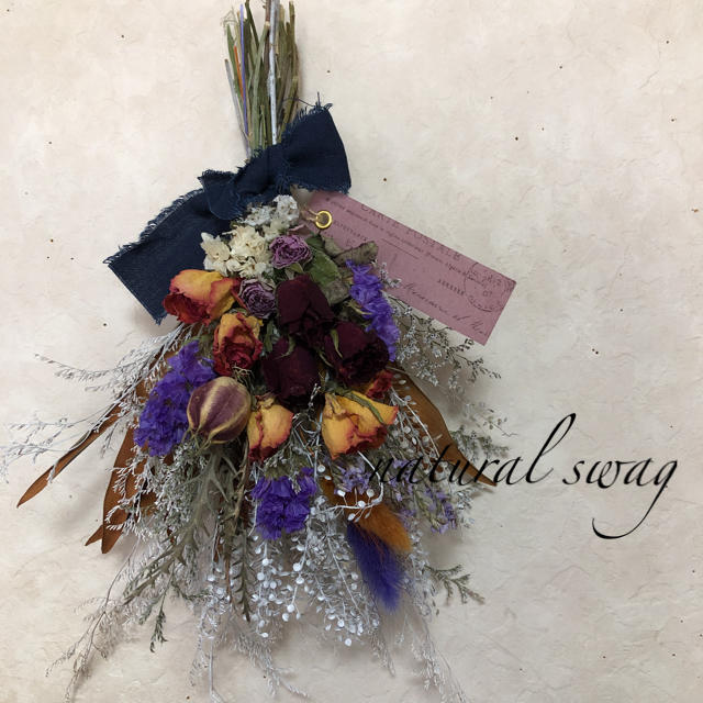 popo様専用No.124 purple&orangeドライフラワースワッグ♡ ハンドメイドのフラワー/ガーデン(ドライフラワー)の商品写真