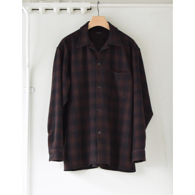 COMOLI ウールチェックオープンカラーシャツ　ブラウン　サイズ3