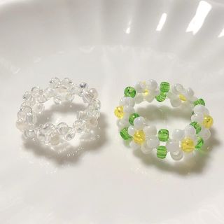 クリア　デイジー　ビーズリング　비즈반지　ハンドメイド(リング)