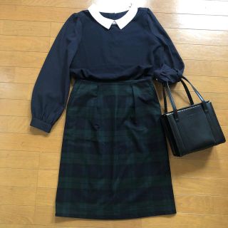 アズールバイマウジー(AZUL by moussy)のAZUL ENCANT★タイトスカート★ネイビー★チェック(ひざ丈スカート)