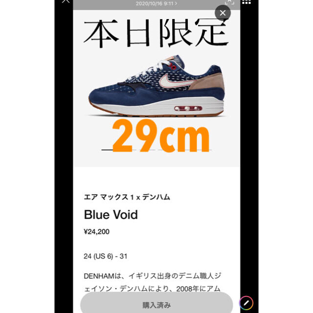 NIKE(ナイキ)の本日限定価格29cm NIKE AIR MAX 1 DNHM DENHAM メンズの靴/シューズ(スニーカー)の商品写真