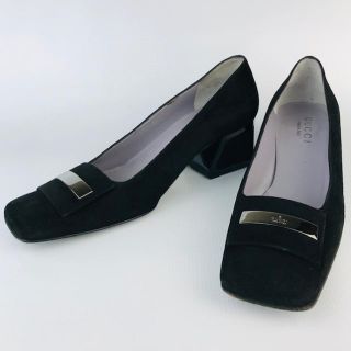 グッチ(Gucci)のGUCCI★スクエアトゥ スエードレザー チャンキーヒールパンプス(371/2(ハイヒール/パンプス)