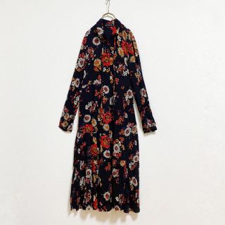 ザラ(ZARA)の【廃盤】ZARA 花柄 シャツワンピース ロング丈 レディース M 大柄 黒(ロングワンピース/マキシワンピース)