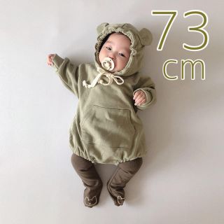 ◎大人気商品◎新品未使用 くま耳ロンパース くすみグリーン 73cm 韓国子供服(ロンパース)