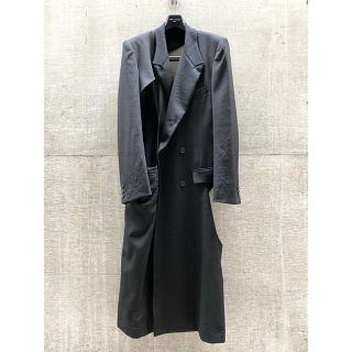 ヨウジヤマモト(Yohji Yamamoto)の【ヨウジヤマモト プールオム】シワギャバ 穴あき ダブルロングジャケット A(テーラードジャケット)