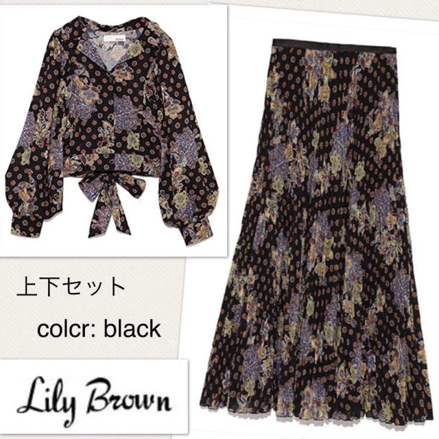 Lily Brown オリエンタル柄 開襟シャツ+プリーツスカート ブラック