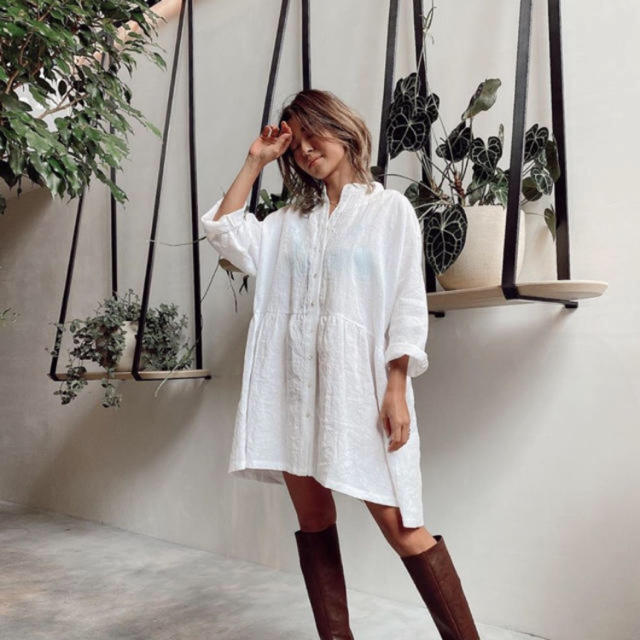 アリシアスタン♡Stand Collar Shirt Dress White - ミニワンピース