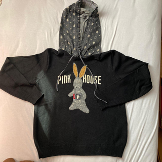 ピンクハウス(PINK HOUSE)のピンクハウス　黒綿ニットフードトレーナー　美品(ニット/セーター)