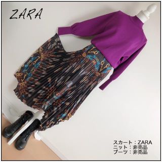 ザラ(ZARA)のZARA スカーフ柄 プリーツスカート L(ロングスカート)