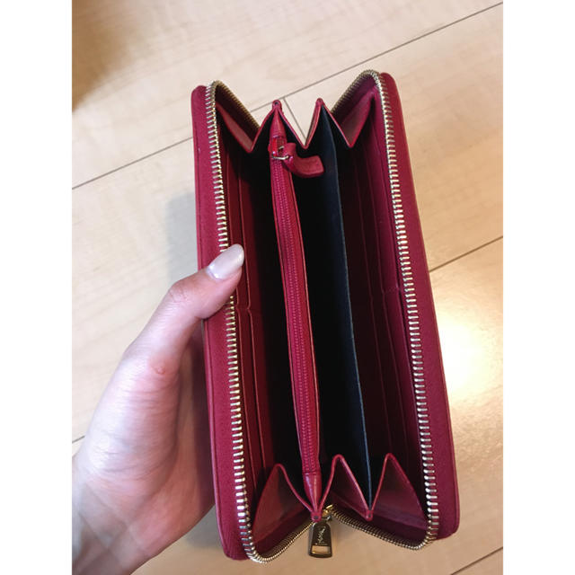 【良品】サンローラン YSL 型押し 赤 長財布 ラウンドファスナー