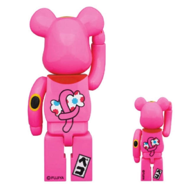 BE@RBRICK 招き猫 ペコちゃん 蛍光ピンク 100％ ＆ 400％ エンタメ/ホビーのおもちゃ/ぬいぐるみ(キャラクターグッズ)の商品写真