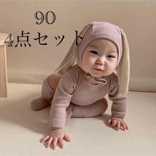 韓国子供服　90 ベビー服　キッズ　うさぎロンパース　ボンネット　4点セット　(ロンパース)