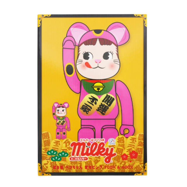 MEDICOM TOY(メディコムトイ)の不二家 BE@RBRICK 招き猫 ペコちゃん 蛍光ピンク100％ ＆ 400％ エンタメ/ホビーのフィギュア(その他)の商品写真