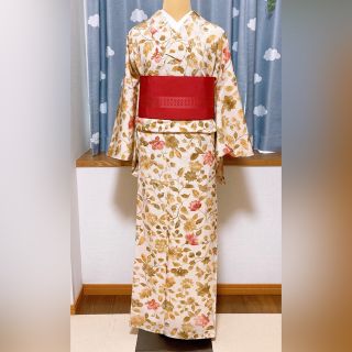 【中古品】小紋　袷　ベージュ　唐草(着物)