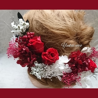 真っ赤なバラのドライフラワー ヘッドドレス❁成人式 結婚式 前撮り 振袖 赤(ヘッドドレス/ドレス)