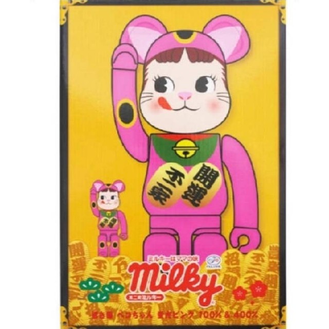 BE@RBRICK 招き猫 ペコちゃん 蛍光ピンク 100％ ＆ 400％ エンタメ/ホビーのおもちゃ/ぬいぐるみ(キャラクターグッズ)の商品写真