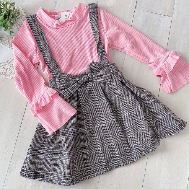 新品 90㎝ グレンチェック ワンピース ピンク ベビー服 女の子 キッズ/ベビー/マタニティのキッズ服女の子用(90cm~)(ワンピース)の商品写真