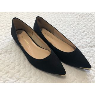 エスペランサ(ESPERANZA)の美品◎エスペランサ　ゴールドメッキプレートポインテッドパンプス黒ブラックスエード(ハイヒール/パンプス)