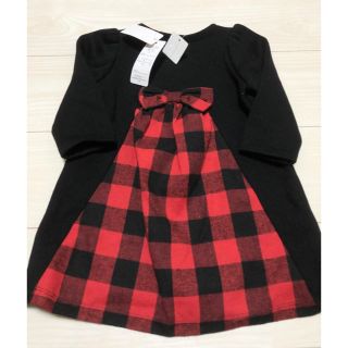 新品 ベビー 女の子 長袖 裏起毛 黒 赤チェック ワンピース 80cm(ワンピース)