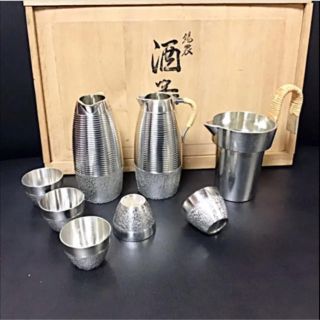 未使用【本錫 錫半】酒器セット ちろり 徳利 盃 お猪口 酒タンポ 8点の