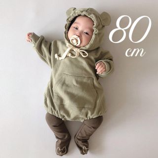 ラスト❗️大人気商品❤︎くま耳 ベビーロンパース くすみグリーン80 韓国子供服(ロンパース)