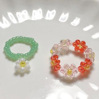 デイジー　ピンクレッド　ビーズリング　비즈반지　ハンドメイド(リング)