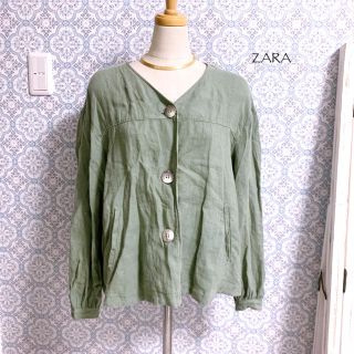 ザラ(ZARA)の【ZARA】リネンカーキ　羽織り　カーディガン　美品　大きめS(カーディガン)