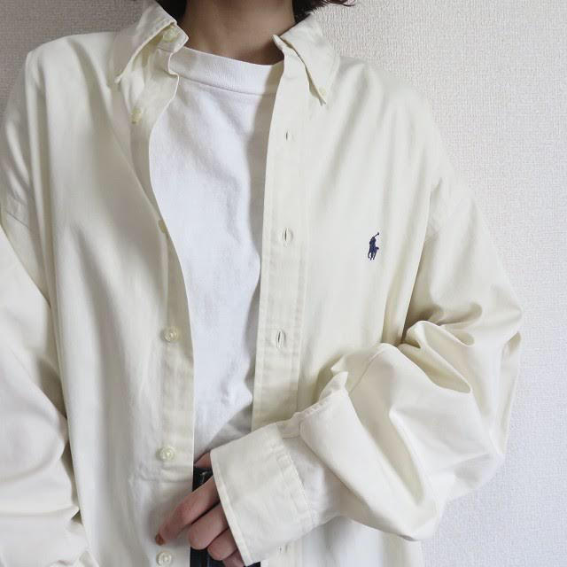 90s ラルフローレン 刺繍ロゴ 白シャツ オフホワイト 古着女子