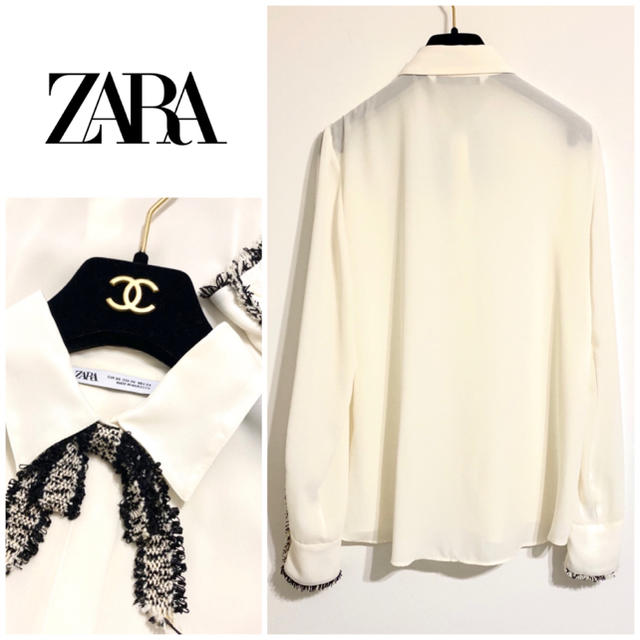 ZARA(ザラ)の1回着用　ZARA ツイードデザインリボン付きブラウス レディースのトップス(シャツ/ブラウス(長袖/七分))の商品写真