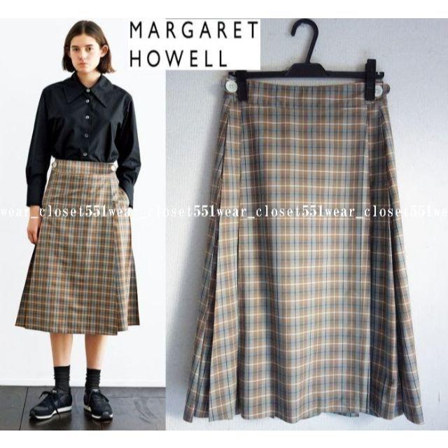 MARGARET HOWELL(マーガレットハウエル)の2018 未使用マーガレットハウエル☆コットンシルク チェックスカート 1 茶系 レディースのスカート(ひざ丈スカート)の商品写真