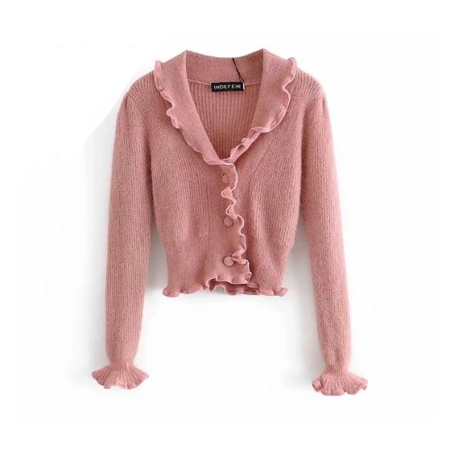 ZARA(ザラ)の🍁秋新作🍁2606◆pink フリル ニット カーディガン  レディースのトップス(カーディガン)の商品写真