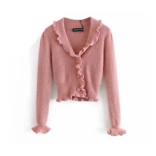 ザラ(ZARA)の🍁秋新作🍁2606◆pink フリル ニット カーディガン (カーディガン)