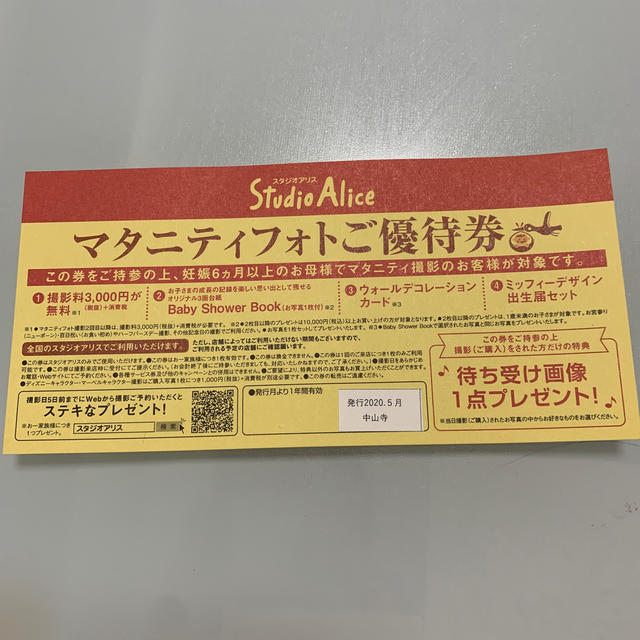 スタジオアリス マタニティフォト優待券 チケットの優待券/割引券(その他)の商品写真