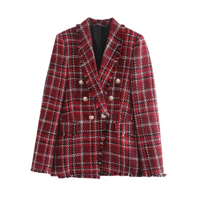 ZARA(ザラ)の🍁秋新作🍁2621◆red ツイード チェック柄 テーラードジャケット ブレザー レディースのジャケット/アウター(テーラードジャケット)の商品写真