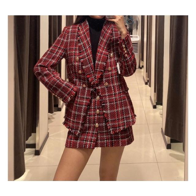 ZARA(ザラ)の🍁秋新作🍁2621◆red ツイード チェック柄 テーラードジャケット ブレザー レディースのジャケット/アウター(テーラードジャケット)の商品写真