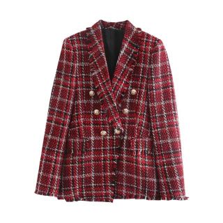 ザラ(ZARA)の🍁秋新作🍁2621◆red ツイード チェック柄 テーラードジャケット ブレザー(テーラードジャケット)