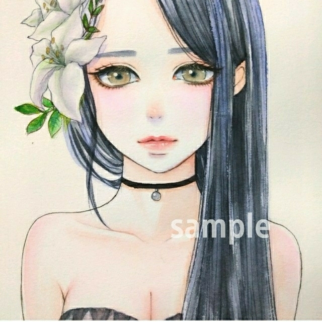 ゆず様専用 手描きイラスト 《 Lilly 》 オリジナル 美人画 水彩画 ...