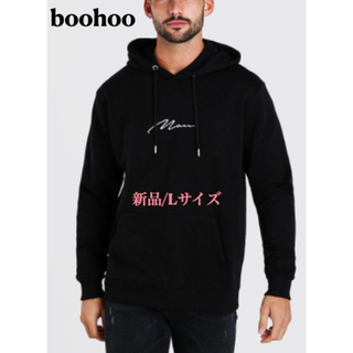 ブーフー(boohoo)の【新品】boohoo MANロゴペイントパーカー　黒/L(パーカー)