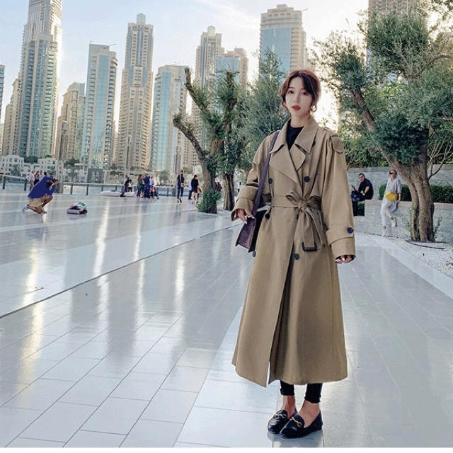 韓国　ファッション　ロングトレンチコート　アウター　トレンチ　ロングコート