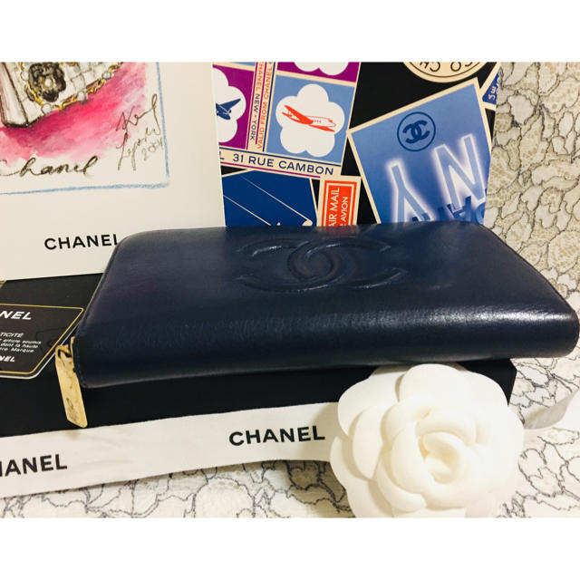 CHANEL(シャネル)の【美品★22番台】CHANEL デカココマーク ラウンドジップ ネイビー レディースのファッション小物(財布)の商品写真