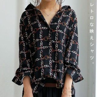 アンティカ(antiqua)の【美品◆希少】 アンティカ チェーン柄シャツ レトロシャツ 黒(シャツ/ブラウス(長袖/七分))